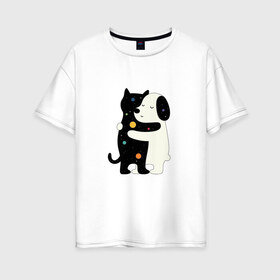 Женская футболка хлопок Oversize с принтом Обнимашки в Белгороде, 100% хлопок | свободный крой, круглый ворот, спущенный рукав, длина до линии бедер
 | cat | в горох | космический | космос | кот | кошка | любовь | милый | пес | собака