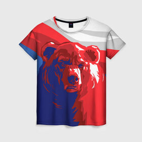 Женская футболка 3D с принтом Российский медведь в Белгороде, 100% полиэфир ( синтетическое хлопкоподобное полотно) | прямой крой, круглый вырез горловины, длина до линии бедер | russia | russian bear | патриот | родина | россия | русский медведь | триколор