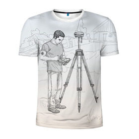 Мужская футболка 3D спортивная с принтом Парень с контроллером в Белгороде, 100% полиэстер с улучшенными характеристиками | приталенный силуэт, круглая горловина, широкие плечи, сужается к линии бедра | surveyor | геодезист | геодезия