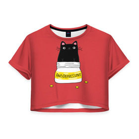 Женская футболка 3D укороченная с принтом Аntidepressant в Белгороде, 100% полиэстер | круглая горловина, длина футболки до линии талии, рукава с отворотами | antidepressant | cat | кот | коты | кошка | милый | с котами | с надписью | с приколом | черный кот