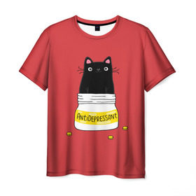 Мужская футболка 3D с принтом Аntidepressant в Белгороде, 100% полиэфир | прямой крой, круглый вырез горловины, длина до линии бедер | antidepressant | cat | кот | коты | кошка | милый | с котами | с надписью | с приколом | черный кот