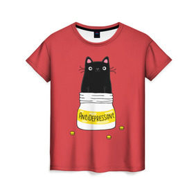 Женская футболка 3D с принтом Аntidepressant в Белгороде, 100% полиэфир ( синтетическое хлопкоподобное полотно) | прямой крой, круглый вырез горловины, длина до линии бедер | antidepressant | cat | кот | коты | кошка | милый | с котами | с надписью | с приколом | черный кот