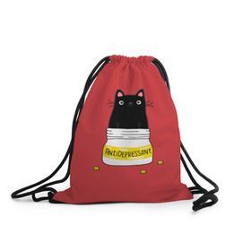 Рюкзак-мешок 3D с принтом Аntidepressant в Белгороде, 100% полиэстер | плотность ткани — 200 г/м2, размер — 35 х 45 см; лямки — толстые шнурки, застежка на шнуровке, без карманов и подкладки | antidepressant | cat | кот | коты | кошка | милый | с котами | с надписью | с приколом | черный кот