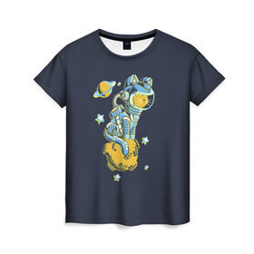 Женская футболка 3D с принтом Кот космонавт в Белгороде, 100% полиэфир ( синтетическое хлопкоподобное полотно) | прямой крой, круглый вырез горловины, длина до линии бедер | 