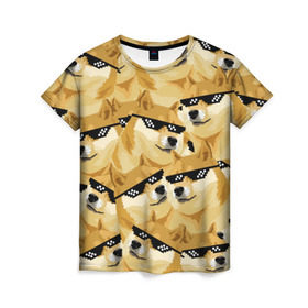 Женская футболка 3D с принтом Doge мем в deal with it очках в Белгороде, 100% полиэфир ( синтетическое хлопкоподобное полотно) | прямой крой, круглый вырез горловины, длина до линии бедер | deal with it очки | doge | meme | мем | мемы | сиба ину | сиба ину мем