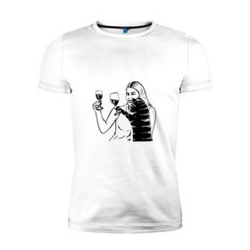 Мужская футболка премиум с принтом Котик и Вино в Белгороде, 92% хлопок, 8% лайкра | приталенный силуэт, круглый вырез ворота, длина до линии бедра, короткий рукав | винчик | выпьем за любовь | женщина | кот