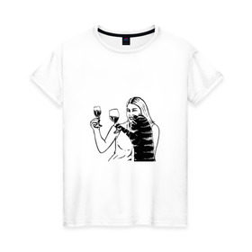 Женская футболка хлопок с принтом Котик и Вино в Белгороде, 100% хлопок | прямой крой, круглый вырез горловины, длина до линии бедер, слегка спущенное плечо | винчик | выпьем за любовь | женщина | кот