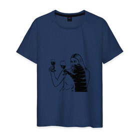 Мужская футболка хлопок с принтом Котик и Вино в Белгороде, 100% хлопок | прямой крой, круглый вырез горловины, длина до линии бедер, слегка спущенное плечо. | винчик | выпьем за любовь | женщина | кот