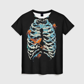 Женская футболка 3D с принтом Ребра из Воды в Белгороде, 100% полиэфир ( синтетическое хлопкоподобное полотно) | прямой крой, круглый вырез горловины, длина до линии бедер | анатомия | вода | океан | рыбы | скелет