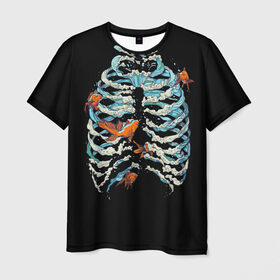Мужская футболка 3D с принтом Ребра из Воды в Белгороде, 100% полиэфир | прямой крой, круглый вырез горловины, длина до линии бедер | Тематика изображения на принте: анатомия | вода | океан | рыбы | скелет