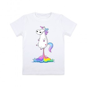 Детская футболка хлопок с принтом Единорог радуга в Белгороде, 100% хлопок | круглый вырез горловины, полуприлегающий силуэт, длина до линии бедер | rainbow | unicorn | радужный