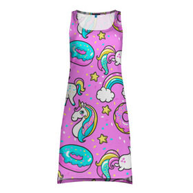 Платье-майка 3D с принтом Котики и Единороги в Белгороде, 100% полиэстер | полуприлегающий силуэт, широкие бретели, круглый вырез горловины, удлиненный подол сзади. | единорог | мороженое | пони | пончики | радуга | розовый