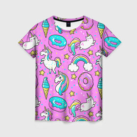 Женская футболка 3D с принтом Котики и Единороги в Белгороде, 100% полиэфир ( синтетическое хлопкоподобное полотно) | прямой крой, круглый вырез горловины, длина до линии бедер | Тематика изображения на принте: единорог | мороженое | пони | пончики | радуга | розовый