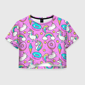 Женская футболка 3D укороченная с принтом Котики и Единороги в Белгороде, 100% полиэстер | круглая горловина, длина футболки до линии талии, рукава с отворотами | единорог | мороженое | пони | пончики | радуга | розовый