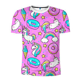 Мужская футболка 3D спортивная с принтом Котики и Единороги в Белгороде, 100% полиэстер с улучшенными характеристиками | приталенный силуэт, круглая горловина, широкие плечи, сужается к линии бедра | Тематика изображения на принте: единорог | мороженое | пони | пончики | радуга | розовый