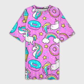 Платье-футболка 3D с принтом Котики и Единороги в Белгороде,  |  | Тематика изображения на принте: единорог | мороженое | пони | пончики | радуга | розовый