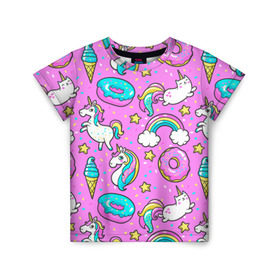 Детская футболка 3D с принтом Котики и Единороги в Белгороде, 100% гипоаллергенный полиэфир | прямой крой, круглый вырез горловины, длина до линии бедер, чуть спущенное плечо, ткань немного тянется | Тематика изображения на принте: единорог | мороженое | пони | пончики | радуга | розовый