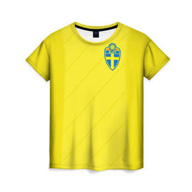 Женская футболка 3D с принтом Швеция домашняя форма ЧМ 2018 в Белгороде, 100% полиэфир ( синтетическое хлопкоподобное полотно) | прямой крой, круглый вырез горловины, длина до линии бедер | домашняя форма | сборная швеции | футбол | футбольная форма | швеция