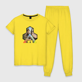 Женская пижама хлопок с принтом Ark Survival Evolved в Белгороде, 100% хлопок | брюки и футболка прямого кроя, без карманов, на брюках мягкая резинка на поясе и по низу штанин | арк
