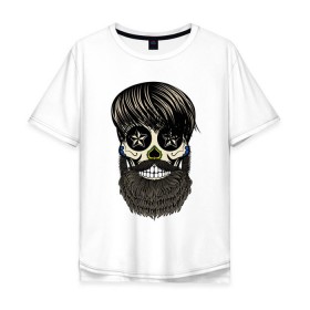 Мужская футболка хлопок Oversize с принтом Сахарный череп с бородой в Белгороде, 100% хлопок | свободный крой, круглый ворот, “спинка” длиннее передней части | Тематика изображения на принте: бородатый | день мертвых | сахарный череп | хелловин | хипстер