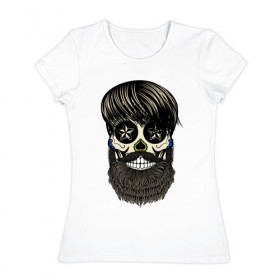 Женская футболка хлопок с принтом Сахарный череп с бородой в Белгороде, 100% хлопок | прямой крой, круглый вырез горловины, длина до линии бедер, слегка спущенное плечо | бородатый | день мертвых | сахарный череп | хелловин | хипстер