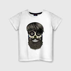 Детская футболка хлопок с принтом Сахарный череп с бородой в Белгороде, 100% хлопок | круглый вырез горловины, полуприлегающий силуэт, длина до линии бедер | бородатый | день мертвых | сахарный череп | хелловин | хипстер
