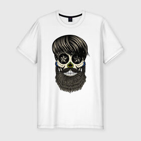 Мужская футболка премиум с принтом Сахарный череп с бородой в Белгороде, 92% хлопок, 8% лайкра | приталенный силуэт, круглый вырез ворота, длина до линии бедра, короткий рукав | Тематика изображения на принте: бородатый | день мертвых | сахарный череп | хелловин | хипстер