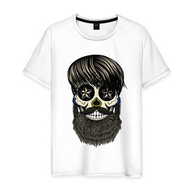 Мужская футболка хлопок с принтом Сахарный череп с бородой в Белгороде, 100% хлопок | прямой крой, круглый вырез горловины, длина до линии бедер, слегка спущенное плечо. | бородатый | день мертвых | сахарный череп | хелловин | хипстер