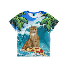 Детская футболка 3D с принтом Сёрфинг на Пицце в Белгороде, 100% гипоаллергенный полиэфир | прямой крой, круглый вырез горловины, длина до линии бедер, чуть спущенное плечо, ткань немного тянется | cat | palm | pizza | surfing | wave | волна | животное | кот | пальмы | пицца | серфинг