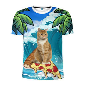 Мужская футболка 3D спортивная с принтом Сёрфинг на Пицце в Белгороде, 100% полиэстер с улучшенными характеристиками | приталенный силуэт, круглая горловина, широкие плечи, сужается к линии бедра | cat | palm | pizza | surfing | wave | волна | животное | кот | пальмы | пицца | серфинг