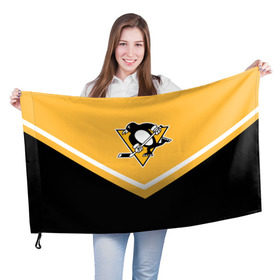 Флаг 3D с принтом Pittsburgh Penguins (Форма 1) в Белгороде, 100% полиэстер | плотность ткани — 95 г/м2, размер — 67 х 109 см. Принт наносится с одной стороны | питтсбург пингвинз