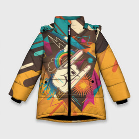 Зимняя куртка для девочек 3D с принтом Распальцовка music в Белгороде, ткань верха — 100% полиэстер; подклад — 100% полиэстер, утеплитель — 100% полиэстер. | длина ниже бедра, удлиненная спинка, воротник стойка и отстегивающийся капюшон. Есть боковые карманы с листочкой на кнопках, утяжки по низу изделия и внутренний карман на молнии. 

Предусмотрены светоотражающий принт на спинке, радужный светоотражающий элемент на пуллере молнии и на резинке для утяжки. | 70 е | 80 е | вода | горы | жест | звезда | коза | молния | музыка | облака | панк | подкова | радуга | ретро | рога | рок | салют | сердце | ссср