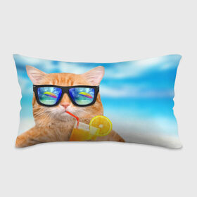 Подушка 3D антистресс с принтом Кот на пляже в Белгороде, наволочка — 100% полиэстер, наполнитель — вспененный полистирол | состоит из подушки и наволочки на молнии | summer | апельсиновый сок | кот | кот на пляже | коте | котик | котэ | котяра | лето | море | небо | отдых | очки | пляже
