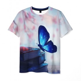 Мужская футболка 3D с принтом Волшебная бабочка в Белгороде, 100% полиэфир | прямой крой, круглый вырез горловины, длина до линии бедер | бабочка | волшебная бабочка | голубая бабочка | книги | насекомая | насекомое | пыльца | синея бабочка