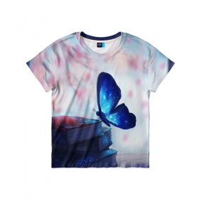 Детская футболка 3D с принтом Волшебная бабочка в Белгороде, 100% гипоаллергенный полиэфир | прямой крой, круглый вырез горловины, длина до линии бедер, чуть спущенное плечо, ткань немного тянется | бабочка | волшебная бабочка | голубая бабочка | книги | насекомая | насекомое | пыльца | синея бабочка