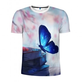 Мужская футболка 3D спортивная с принтом Волшебная бабочка в Белгороде, 100% полиэстер с улучшенными характеристиками | приталенный силуэт, круглая горловина, широкие плечи, сужается к линии бедра | бабочка | волшебная бабочка | голубая бабочка | книги | насекомая | насекомое | пыльца | синея бабочка