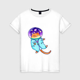 Женская футболка хлопок с принтом Кот и космос в Белгороде, 100% хлопок | прямой крой, круглый вырез горловины, длина до линии бедер, слегка спущенное плечо | звезды | космонавт | космос | кот