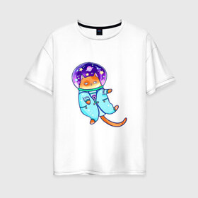 Женская футболка хлопок Oversize с принтом Кот и космос в Белгороде, 100% хлопок | свободный крой, круглый ворот, спущенный рукав, длина до линии бедер
 | звезды | космонавт | космос | кот