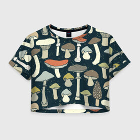 Женская футболка 3D укороченная с принтом Загадочный лес в Белгороде, 100% полиэстер | круглая горловина, длина футболки до линии талии, рукава с отворотами | Тематика изображения на принте: грибы | паттерн