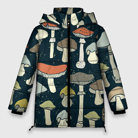 Женская зимняя куртка 3D с принтом Загадочный лес в Белгороде, верх — 100% полиэстер; подкладка — 100% полиэстер; утеплитель — 100% полиэстер | длина ниже бедра, силуэт Оверсайз. Есть воротник-стойка, отстегивающийся капюшон и ветрозащитная планка. 

Боковые карманы с листочкой на кнопках и внутренний карман на молнии | Тематика изображения на принте: грибы | паттерн