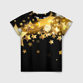 Детская футболка 3D с принтом Золотые звездочки в Белгороде, 100% гипоаллергенный полиэфир | прямой крой, круглый вырез горловины, длина до линии бедер, чуть спущенное плечо, ткань немного тянется | Тематика изображения на принте: 3d | звездочки | звезды | золото | золотые звездочки | картинка | черный фон