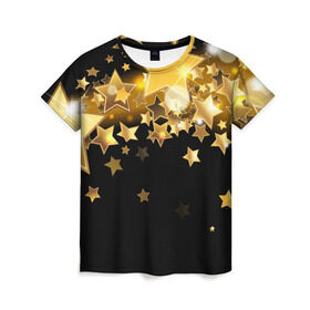 Женская футболка 3D с принтом Золотые звездочки в Белгороде, 100% полиэфир ( синтетическое хлопкоподобное полотно) | прямой крой, круглый вырез горловины, длина до линии бедер | 3d | звездочки | звезды | золото | золотые звездочки | картинка | черный фон