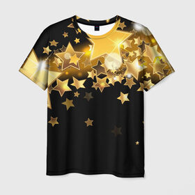 Мужская футболка 3D с принтом Золотые звездочки в Белгороде, 100% полиэфир | прямой крой, круглый вырез горловины, длина до линии бедер | 3d | звездочки | звезды | золото | золотые звездочки | картинка | черный фон