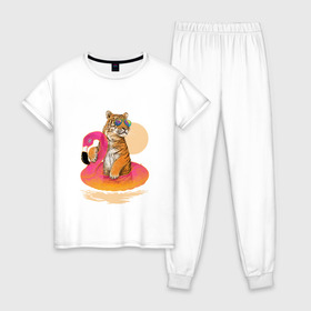 Женская пижама хлопок с принтом Тигр в Белгороде, 100% хлопок | брюки и футболка прямого кроя, без карманов, на брюках мягкая резинка на поясе и по низу штанин | лето | пляж | солнце | тигр | фламинго