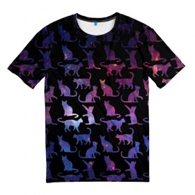 Мужская футболка 3D с принтом Космические Коты в Белгороде, 100% полиэфир | прямой крой, круглый вырез горловины, длина до линии бедер | звезды | космос | кот | котик | паттерн