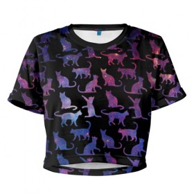 Женская футболка 3D укороченная с принтом Космические Коты в Белгороде, 100% полиэстер | круглая горловина, длина футболки до линии талии, рукава с отворотами | звезды | космос | кот | котик | паттерн