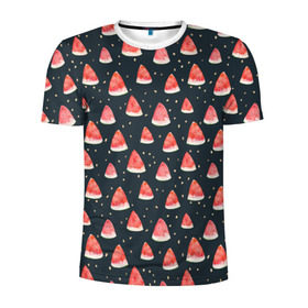 Мужская футболка 3D спортивная с принтом Tropical melon dark в Белгороде, 100% полиэстер с улучшенными характеристиками | приталенный силуэт, круглая горловина, широкие плечи, сужается к линии бедра | арбуз
