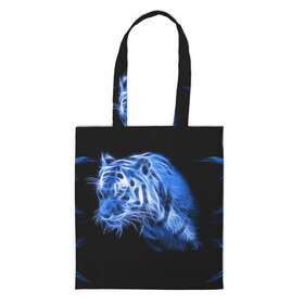 Шоппер 3D с принтом Синий тигр в Белгороде, 100% полиэстер | Плотность: 200 г/м2; Размер: 34×35 см; Высота лямок: 30 см | tiger | большая кошка | огонь | пламя | тигр | хищник