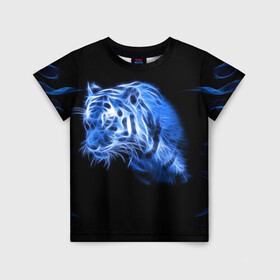 Детская футболка 3D с принтом Синий тигр в Белгороде, 100% гипоаллергенный полиэфир | прямой крой, круглый вырез горловины, длина до линии бедер, чуть спущенное плечо, ткань немного тянется | tiger | большая кошка | огонь | пламя | тигр | хищник
