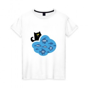 Женская футболка хлопок с принтом Кот программиста в Белгороде, 100% хлопок | прямой крой, круглый вырез горловины, длина до линии бедер, слегка спущенное плечо | картинки со смыслом | код | кот | котик | ловить рыбку | офис | прикольные картинки | программистам | работа